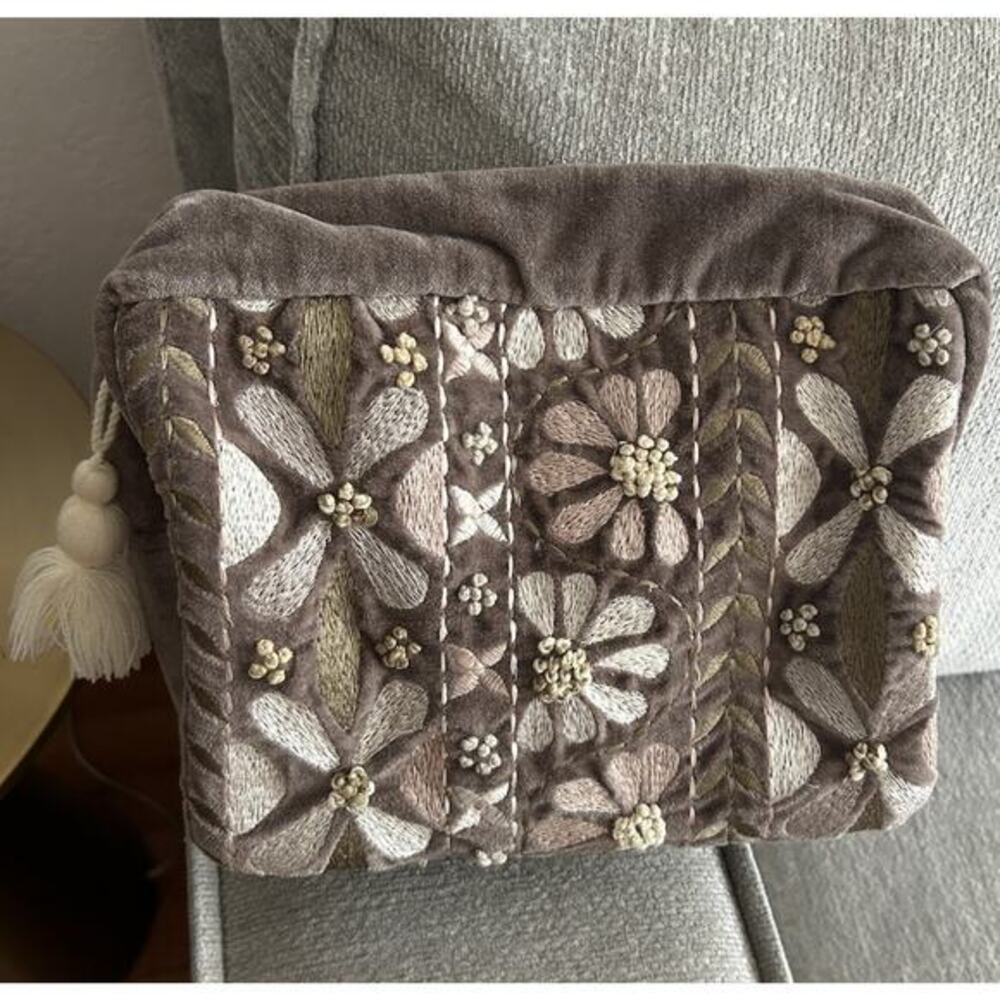 Velvet Bohemian Floral Embroidery Pouch Cosmetic Bag Brown